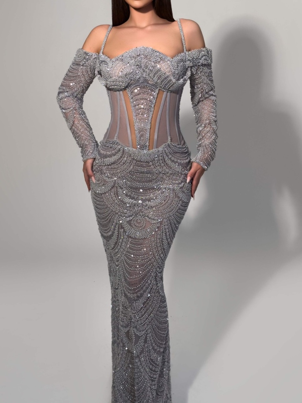 Beaded Illusion Mermaid Prom Dress in Silver - Picture 5 of 6